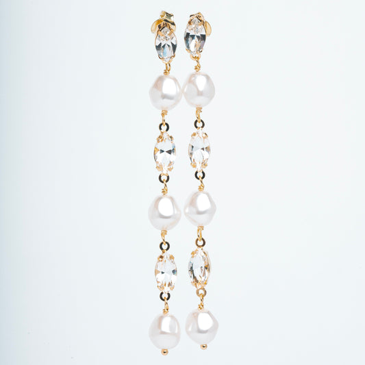 PENDIENTES LARGO MAYA - Perlas con Cristales transparentes