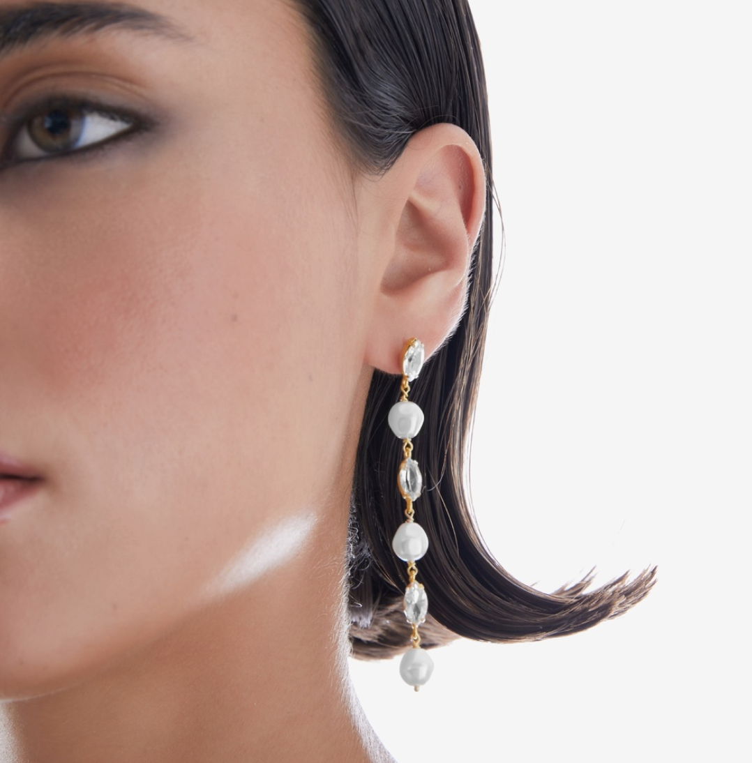 MAYA LONG EARRING - Pearls with clear Crystals